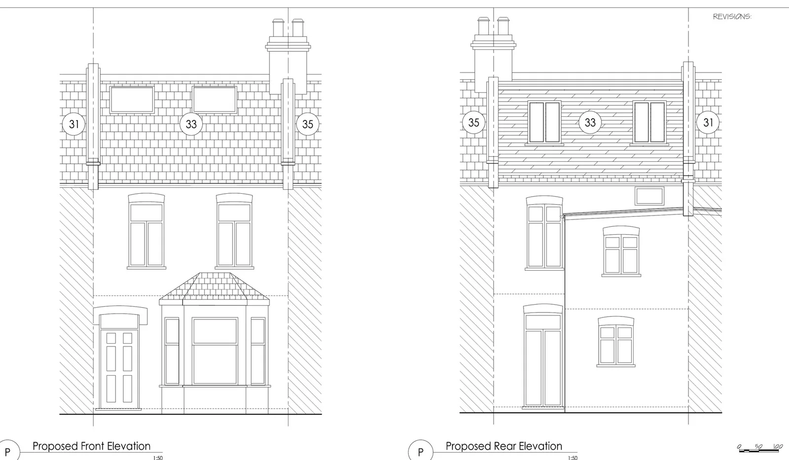 Proposed front and rear elevations showing a rear dormer