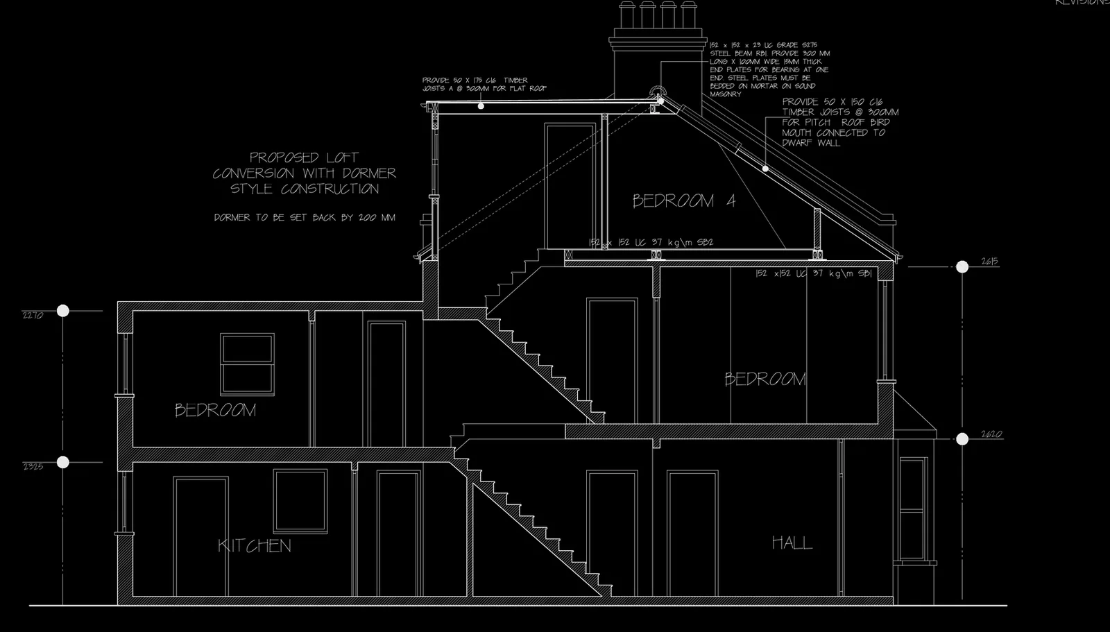 CAD section through a house with a proposed dormer loft conversion, white lines on black