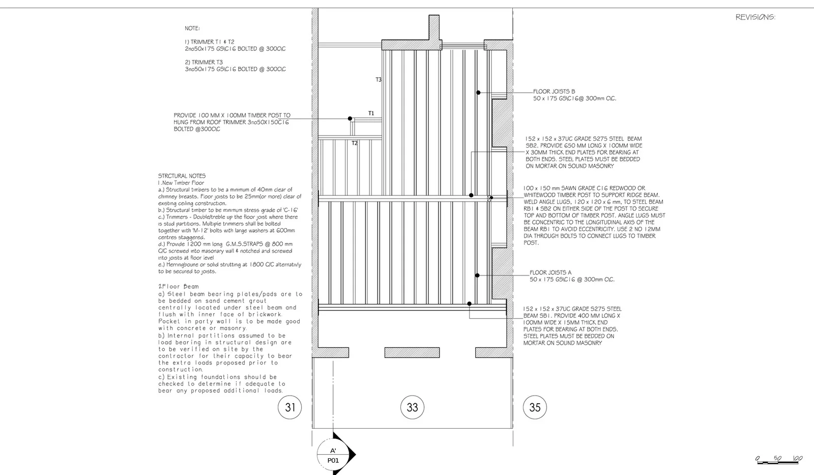 Loft floor structure plan with joists, beams and notes