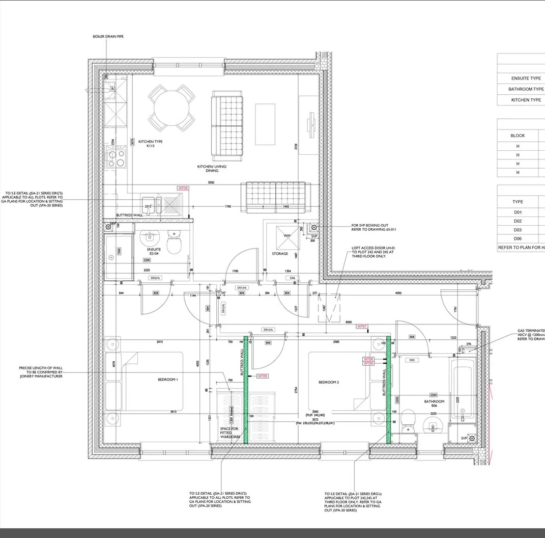 Dimensioned plan of a two-bedroom flat type