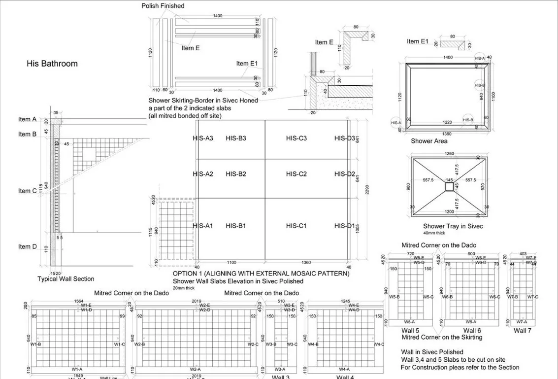 Stone bathroom wall slab elevations, shower tray and skirting details