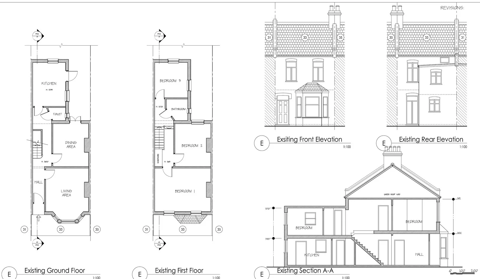 Finished CAD drawings of a terraced house: existing plans, elevations and section